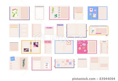 Cute planner, diary, journal, paper notebook and to do list. Decorated notepads with stickers, photos and flowers. Cartoon notes vector set Cute planner, diary, journal, paper notebook and to do list. Decorated notepads with stickers, photos and flowers. Cartoon notes vector set 83944094