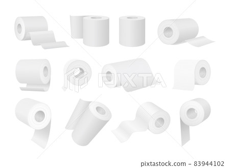 Realistic white toilet paper and kitchen towel rolls. 3d cylinder hygiene wipes with tube. Bathroom paper tissues product mockup vector set Realistic white toilet paper and kitchen towel rolls. 3d cylinder hygiene wipes with tube. Bathroom paper tissues product mockup vector set 83944102