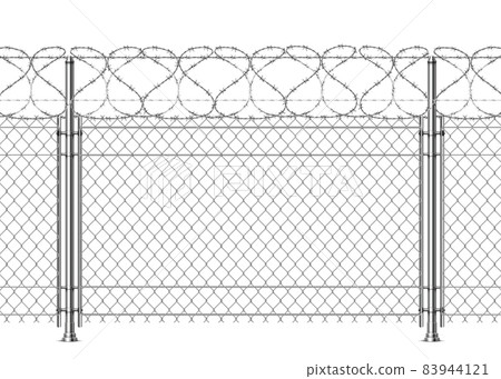Realistic prison wall, chain fence with barb wire. 3d metal boundary security mesh with barbwire. War barrier construction vector background 83944121