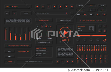 Neumorphism buttons, playlist menu, icons and volume sliders for music app. Audio player user interface elements in black design vector set Neumorphism buttons, playlist menu, icons and volume sliders for music app. Audio player user interface elements in black design vector set 83944131