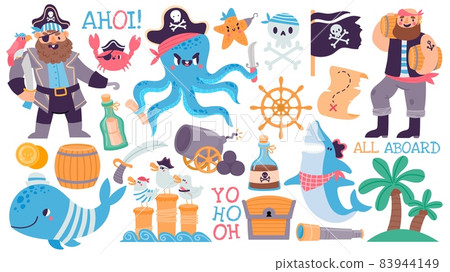 Cartoon pirate captain and sailor, skull, treasure chest and map. Adventure island, shark, octopus, flag and rum. Kids pirates vector set 83944149