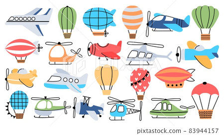 Air transport in childish style, plane, helicopter, airship and balloon. Flying airplanes for kids nursery decoration, traveling vector set 83944157