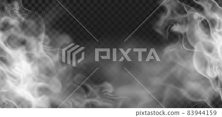 Realistic transparent wavy hot steam or smoke effect. Evaporation, fog or haze. Spooky mist cloud. Food or drink vapour vector background 83944159