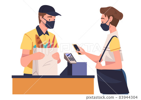 Woman Character Using Contactless Payment with Smartphone for Coronavirus Prevention Vector Illustration Woman Character Using Contactless Payment with Smartphone for Coronavirus Prevention Vector Illustration 83944304