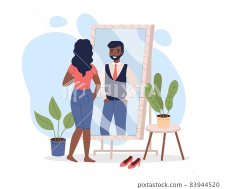 Transgender. Gender identity. Transsexual looking in mirror. Male self-awareness and female body. Sex changing. Psychology self-identification problem. LGBT and tolerance. Vector concept 83944520