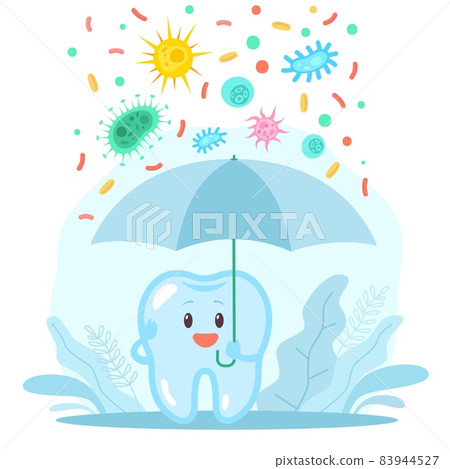 Dental protection. Cartoon tooth mascot holds umbrella and protects from harmful bacteria. Oral hygiene. Healthy clean molar. Cute character in protective dome. Vector dentistry concept Dental protection. Cartoon tooth mascot holds umbrella and protects from harmful bacteria. Oral hygiene. Healthy clean molar. Cute character in protective dome. Vector dentistry concept 83944527
