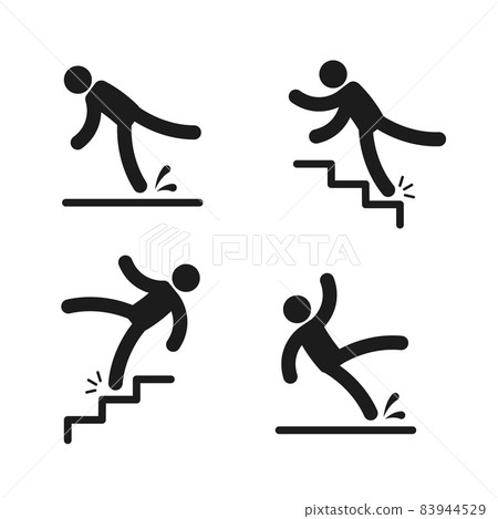 People falling. Person slipping on wet floor, falling down stairs, drop from altitude. Simple black silhouette unbalanced characters, warning sign set. Vector cartoon isolated illustration People falling. Person slipping on wet floor, falling down stairs, drop from altitude. Simple black silhouette unbalanced characters, warning sign set. Vector cartoon isolated illustration 83944529