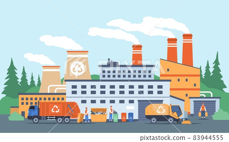 Waste factory. City recovery, garbage recycling plant work process. Cleaning, sorting and transportation service, scavengers. Refuse and reuse rubbish industry, vector concept 83944555