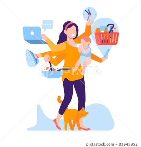 Domestic tasks woman. Mom hero houseworking. Simultaneous execution several actions. Multitasking mother cooking and ironing. Female feeding baby and working at laptop. Vector concept Domestic tasks woman. Mom hero houseworking. Simultaneous execution several actions. Multitasking mother cooking and ironing. Female feeding baby and working at laptop. Vector concept 83945952