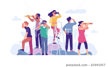 Goal search. People looks different directions through binoculars and spyglasses. Men and women peer into distance. Persons find opportunities in future. Forward vision. Vector concept 83945957