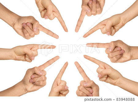 Cropped millennial caucasian male and female hands pointing by finger to center 83948088