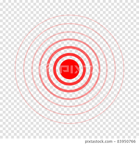 Pain point icon. Red hurt symbol. Concentric ache localization sign isolated on transparent background. Radar or sonar wave. Vector illustration 83950766