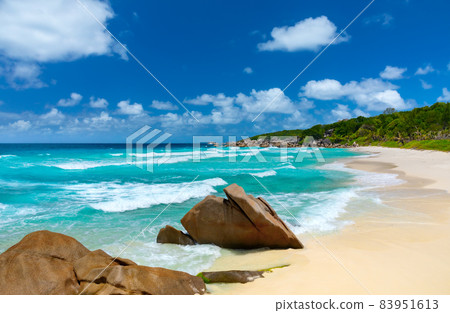 Petite Anse - one of the most beautiful beach of Seychelles. La Digue Island, Seychelles 83951613