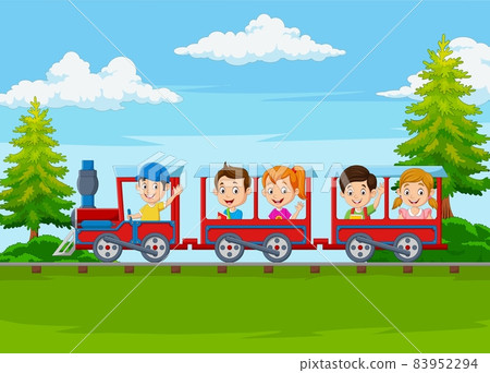 Cartoon happy children riding on the train 83952294