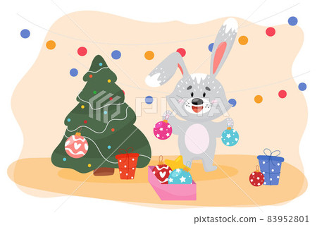 A cartoon hare decorates a Christmas tree with toys for New Year and Christmas. A cartoon hare decorates a Christmas tree with toys for New Year and Christmas. 83952801