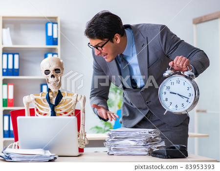 Angry boss yelling at his skeleton employee Angry boss yelling at his skeleton employee 83953393