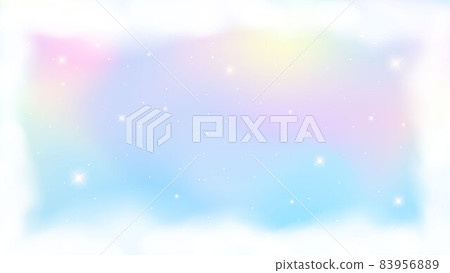 Holographic fantasy rainbow unicorn background with clouds. Pastel color sky. Magical landscape, abstract fabulous pattern and frame. Vector. 83956889
