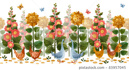 Cute watercolour border. Illustration with farm birds and flowers. Cute watercolour border. Illustration with farm birds and flowers. 83957045