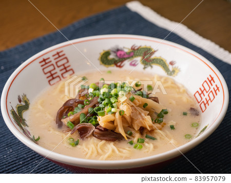 Pork bone ramen in white soup. Topped with wood ear and menma. Pork bone ramen in white soup. Topped with wood ear and menma. 83957079