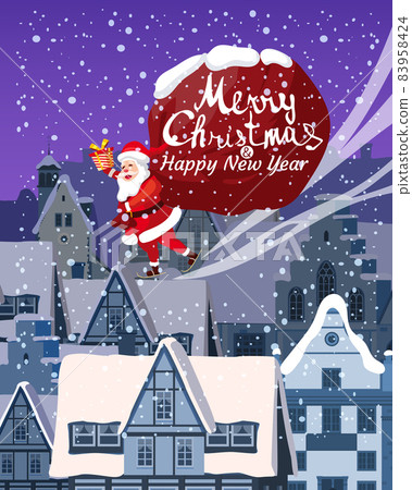 Santa Claus on the roof, delivery gifts. Night winter city, european urban landscape, noel. Vector illustration poster, greeting card cartoon style Santa Claus on the roof, delivery gifts. Night winter city, european urban landscape, noel. Vector illustration poster, greeting card cartoon style 83958424