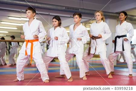 Teenager children wearing karate uniform fighters poses Teenager children wearing karate uniform fighters poses 83959218