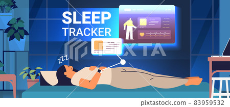 young woman sleeping in bed with electronic smart watch app tracker on hand quality and quantity sleep control 83959532