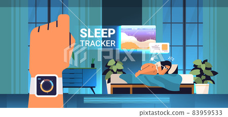 young woman sleeping in bed with electronic smart watch app tracker on hand quality and quantity sleep control young woman sleeping in bed with electronic smart watch app tracker on hand quality and quantity sleep control 83959533