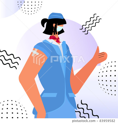 vaccinated female stewardess after vaccine injection successful covid-19 vaccination concept portrait vaccinated female stewardess after vaccine injection successful covid-19 vaccination concept portrait 83959582