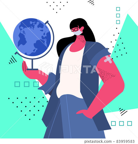 vaccinated female teacher with globe after vaccine injection successful covid-19 vaccination concept vaccinated female teacher with globe after vaccine injection successful covid-19 vaccination concept 83959583