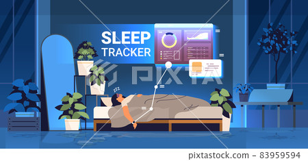 young woman sleeping in bed with electronic smart watch app tracker on hand quality and quantity sleep control 83959594