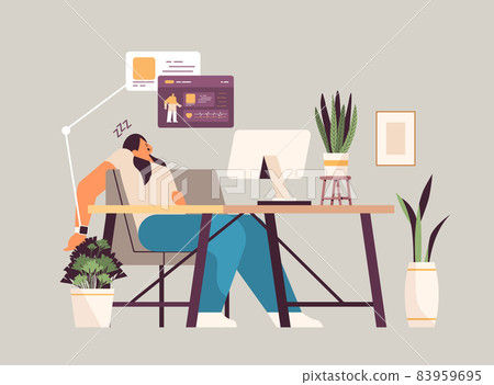 tired woman with electronic smart watch app tracker on hand sleeping at workplace quality and quantity sleep control tired woman with electronic smart watch app tracker on hand sleeping at workplace quality and quantity sleep control 83959695