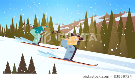 people skiing man woman tourists couple doing activities winter vacation concept snowfall landscape background people skiing man woman tourists couple doing activities winter vacation concept snowfall landscape background 83959724
