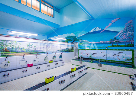 A typical Japanese public bath with a picture of Mt. Fuji A typical Japanese public bath with a picture of Mt. Fuji 83960497