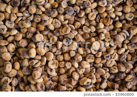 Top view of the shelf with dried figs in the bazaar. 83960800