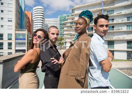 Group photo of happy colleagues at terrace roof party 83961822