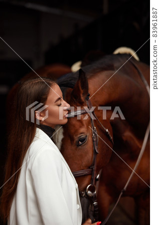 portrait beautiful woman long hair next horse portrait beautiful woman long hair next horse 83961887