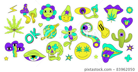 Psychedelic stickers vector set. Crasy mushrooms and abstract eyes. Neon hand drawn skull, lips, cannabis. Neon heart, cactus, octopus leg are shown. Psychedelic stickers vector set. Crasy mushrooms and abstract eyes. Neon hand drawn skull, lips, cannabis. Neon heart, cactus, octopus leg are shown. 83962050