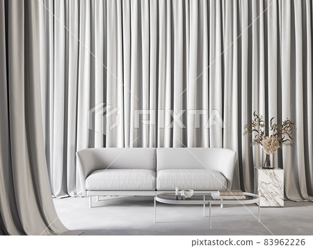 White interior with curtains, sofa and decor. 3d render illustration mockup. 83962226