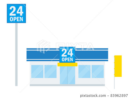 帶有 24 小時標誌的便利店大樓的簡單商店插圖圖標 帶有 24 小時標誌的便利店大樓的簡單商店插圖圖標 83962897