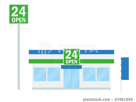 帶有 24 小時標誌的便利店大樓的簡單商店插圖圖標 83962899