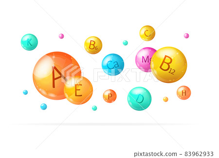 Realistic Detailed 3d Falling Vitamin and Mineral Background Card. Vector Realistic Detailed 3d Falling Vitamin and Mineral Background Card. Vector 83962933