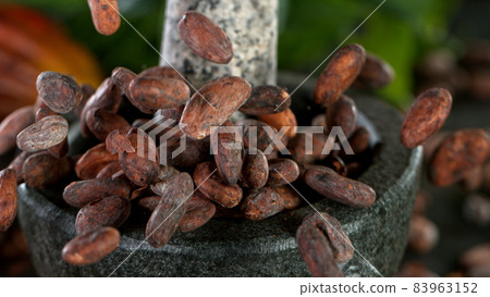Freeze Motion Shot of Crushing Raw Cocoa Beans Freeze Motion Shot of Crushing Raw Cocoa Beans 83963152