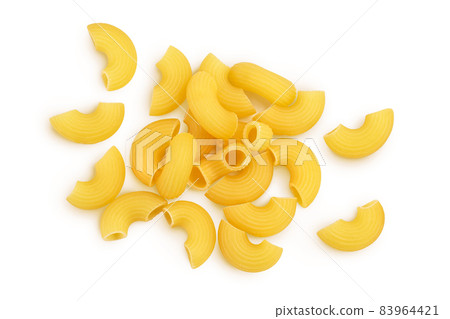 raw macaroni pasta isolated on white background with clipping path and full depth of field. Top view. Flat lay raw macaroni pasta isolated on white background with clipping path and full depth of field. Top view. Flat lay 83964421