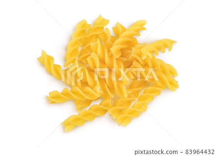 raw Fusilli pasta, isolated on white background with clipping path and full depth of field. Top view. Flat lay 83964432