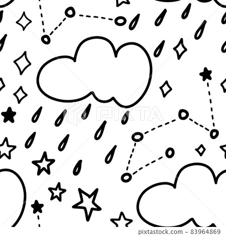 Doodle black and white clouds with rain, stars and cosmos seamless pattern. Cute night sky seamless background for textile, fabric, wrapping or kids wallpaper. Simple line art drawing. Doodle black and white clouds with rain, stars and cosmos seamless pattern. Cute night sky seamless background for textile, fabric, wrapping or kids wallpaper. Simple line art drawing. 83964869
