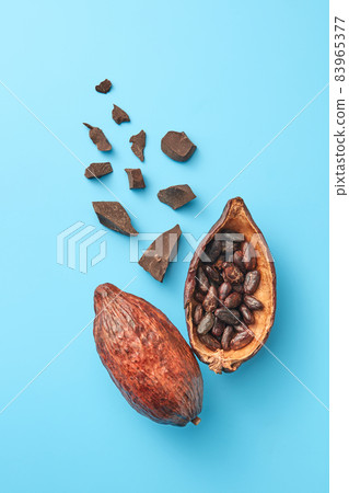 Cocoa pods with beans and chocolate 83965377