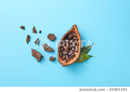 Cocoa pod with beans and chocolate Cocoa pod with beans and chocolate 83965383