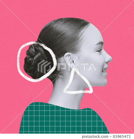 Contemporary art collage of young beautiful girl with drawn elements isolated over pink background Contemporary art collage of young beautiful girl with drawn elements isolated over pink background 83965471