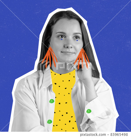 Contemporary art collage of young woman with drawn elements of cloth and accessories isolated over blue background. Fashion trends Contemporary art collage of young woman with drawn elements of cloth and accessories isolated over blue background. Fashion trends 83965498