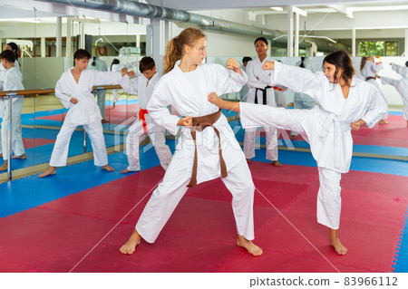 Two girls working in pair mastering new karate moves during group class with coach 83966112